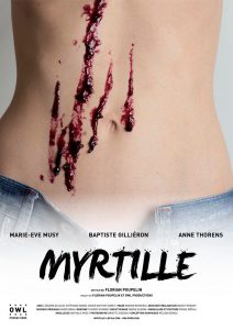 L'une des deux affiches du film Myrtille sur laquelle on voit le ventre de Marie-Eve Musy avec des traces de confiture.