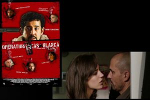L'affiche du film Opération Casablanca à gauche et la capture d'écran d'une scène entre Marie-Eve Musy et Antoine Basler à droite.